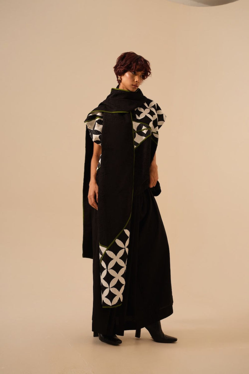 Mist Scarf-Black + Natural + Jade crushed silk scarf by Stoique in black for women Worldwide