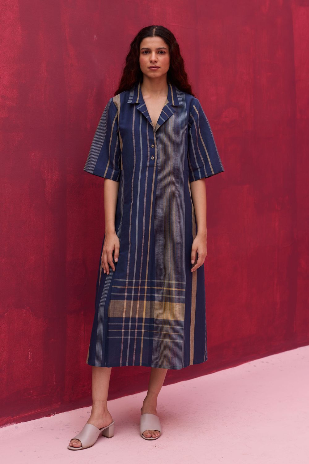 Vera Check Linen Dress - Navy