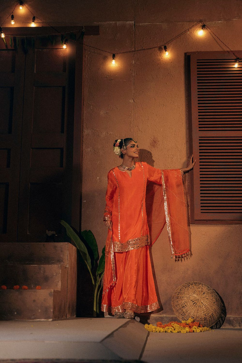 Mangala Sharara Set- Orange silk by PRAHNAAYA in orange color for women Worldwide