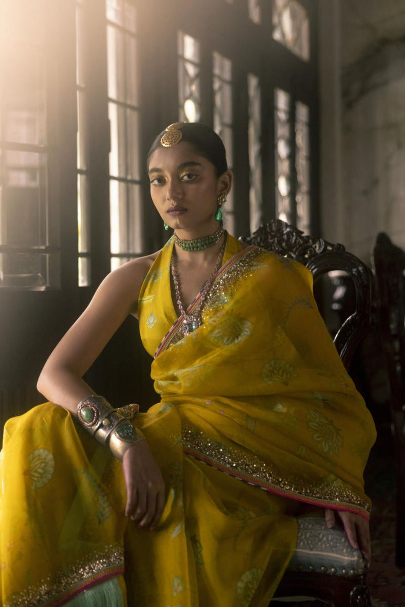 Fariba Lime Yellow Sequin Printed Organza Sari Set Sarees by Rajiramniq for women Worldwide