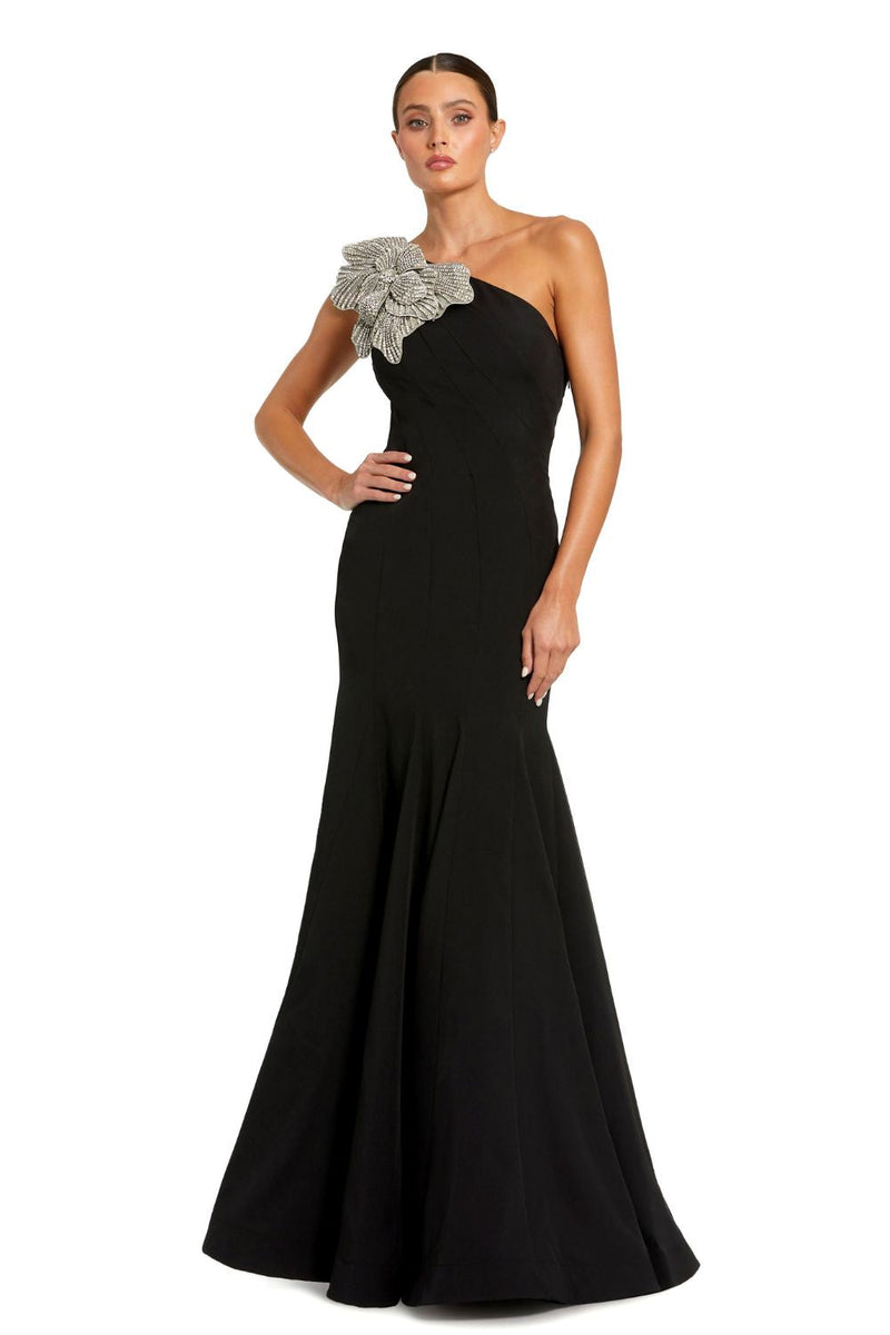 11810-Crepe One Shoulder Gown With Flower by Mac Duggal in black color for women Worldwide