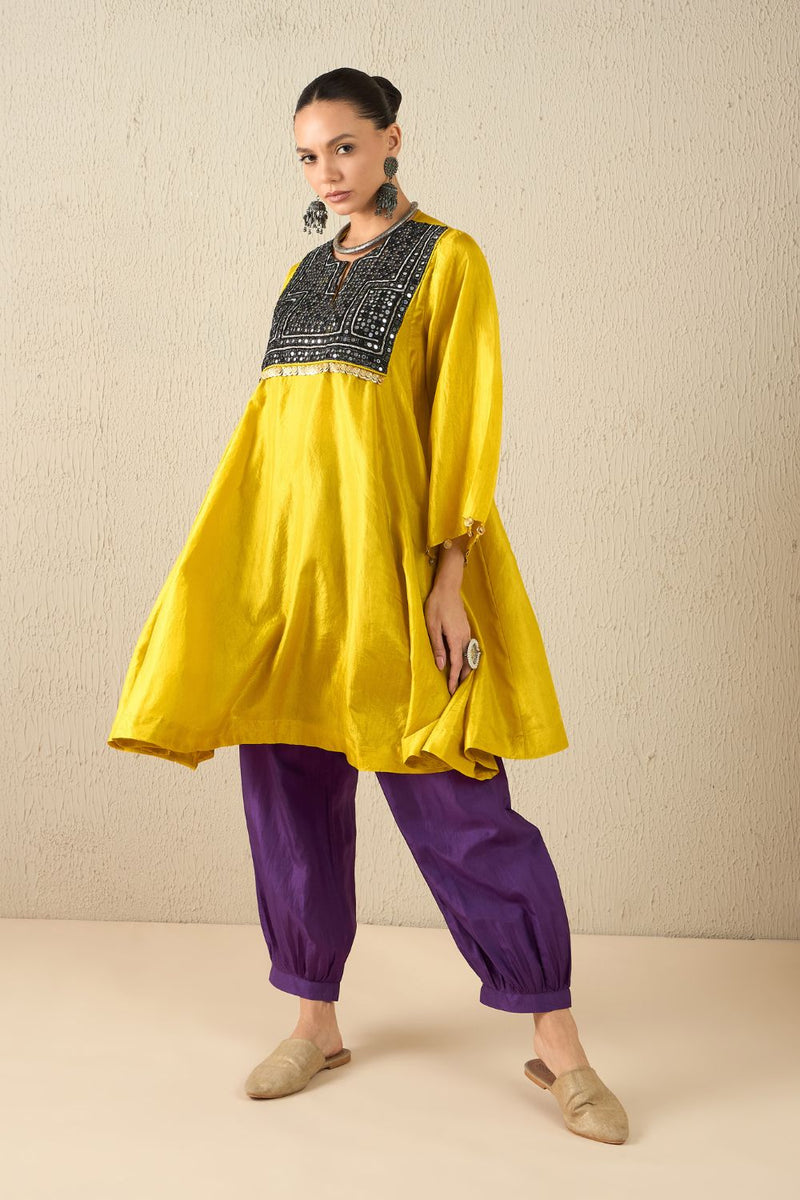 AFGHANI SILK SET - Yellow upper, Purple pants silk by Aavidi in yellow color for women Worldwide