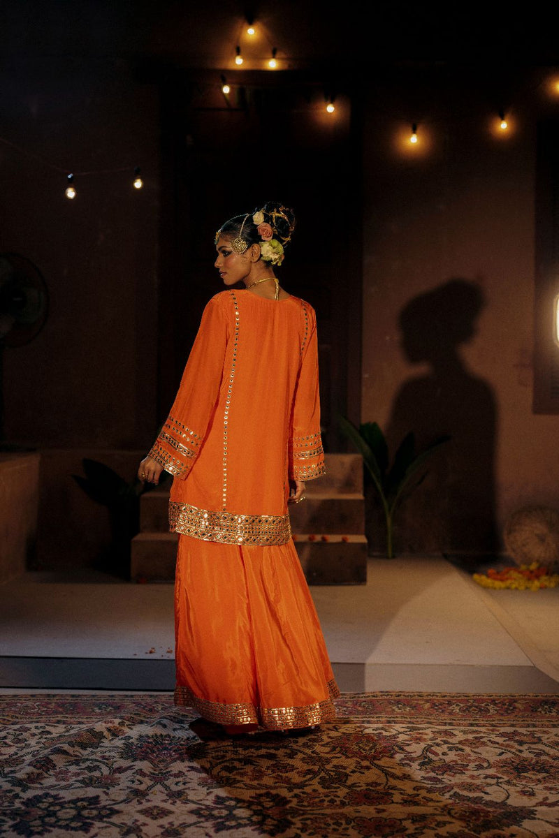Mangala Sharara Set- Orange silk by PRAHNAAYA in orange color for women Worldwide
