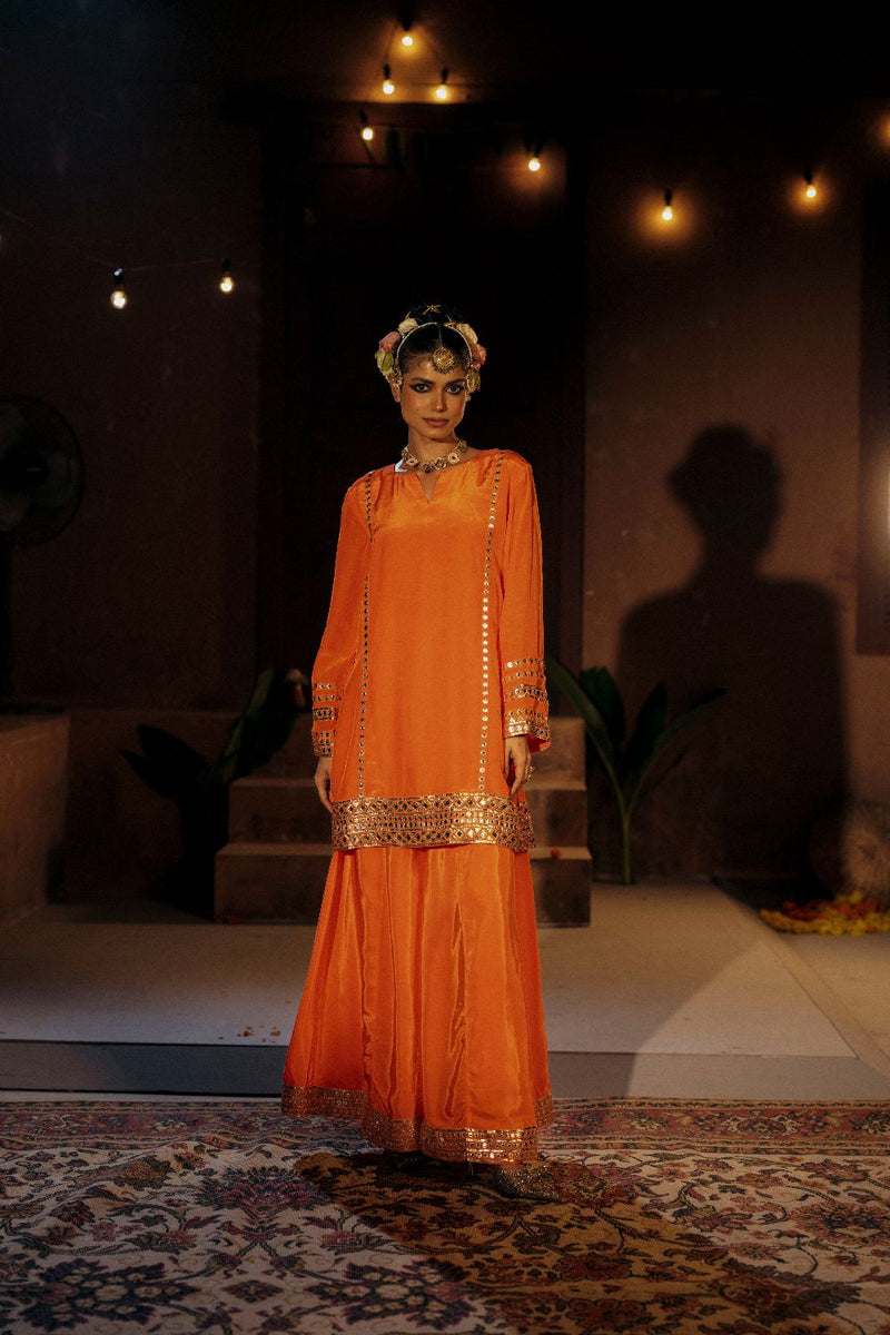 Mangala Sharara Set- Orange silk by PRAHNAAYA in orange color for women Worldwide