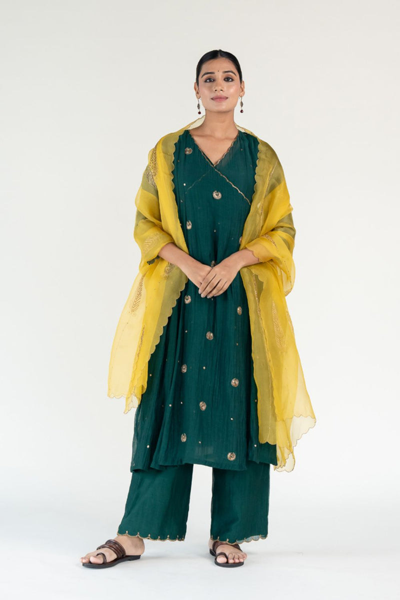 Green Angarkha Set
with Shama Odhani-Emerald & Yellow chanderi by Nirjara for women Worldwide