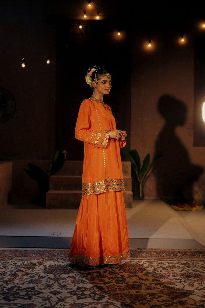 Mangala Sharara Set- Orange silk by PRAHNAAYA in orange color for women Worldwide