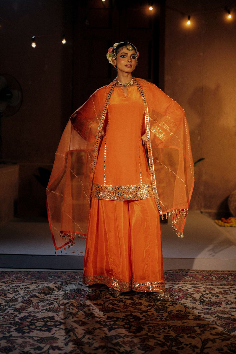 Mangala Sharara Set- Orange silk by PRAHNAAYA in orange color for women Worldwide