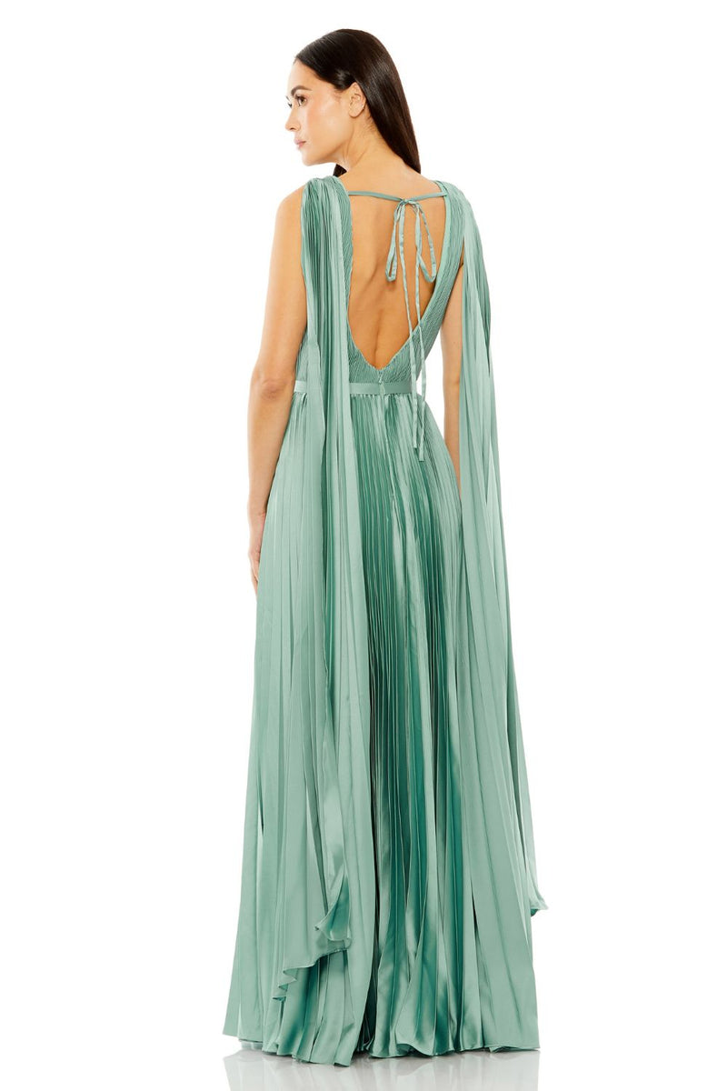 49716-Sleeveless High Neck Cape Back Heat Pleated Gown satin by Mac Duggal in blue color for women Worldwide
