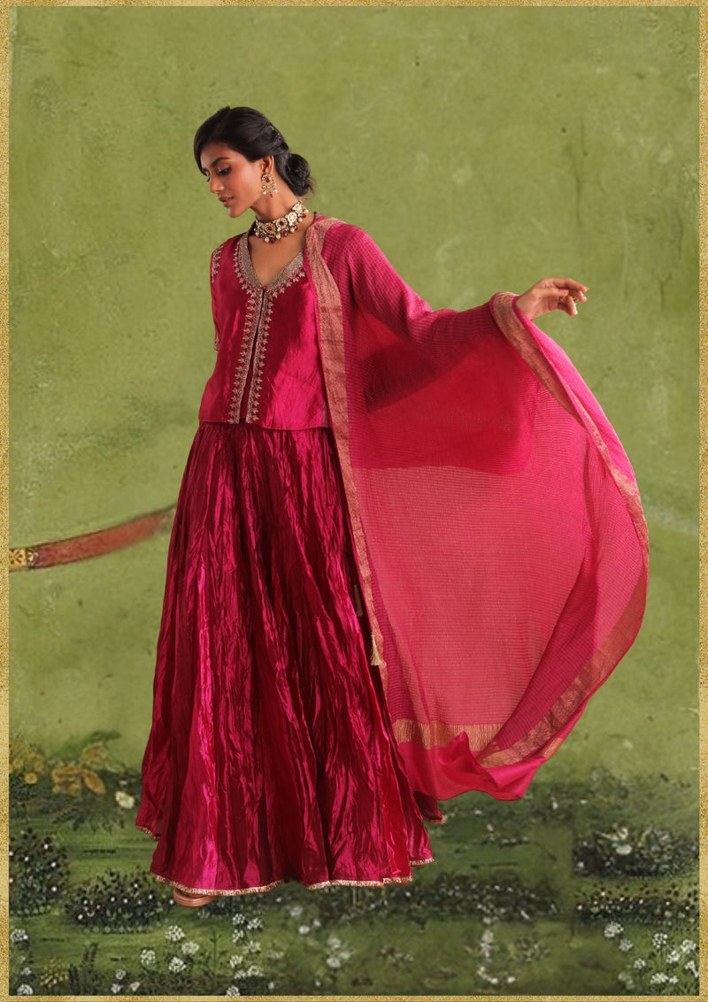 Mulberry Lehenga Choli Dupatta by Myoho in pink color for women Worldwide