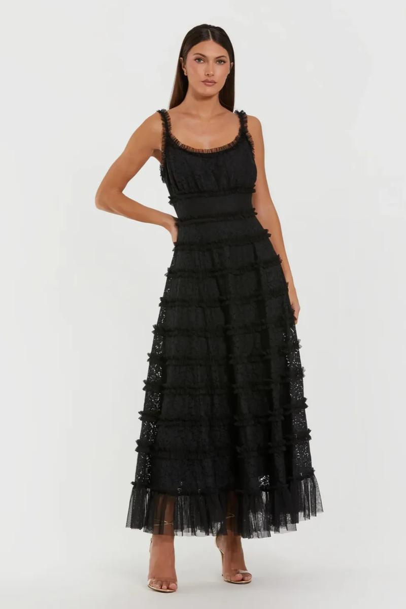 Black Sleeveless Lace A Line Midi Dress With Ruffles by Mac Duggal in black color for women Worldwide