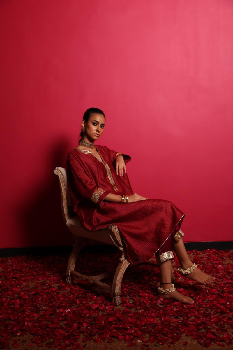 Geometric Print Tussore Kurta & Pant Set silk by Sabo by Sabina for women Worldwide