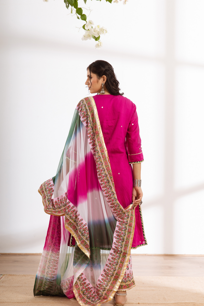 Rasika Gulabi Kurta Set - pink hand block printed chanderi kurta set chanderi by Maison Shefali in pink color for women Worldwide
