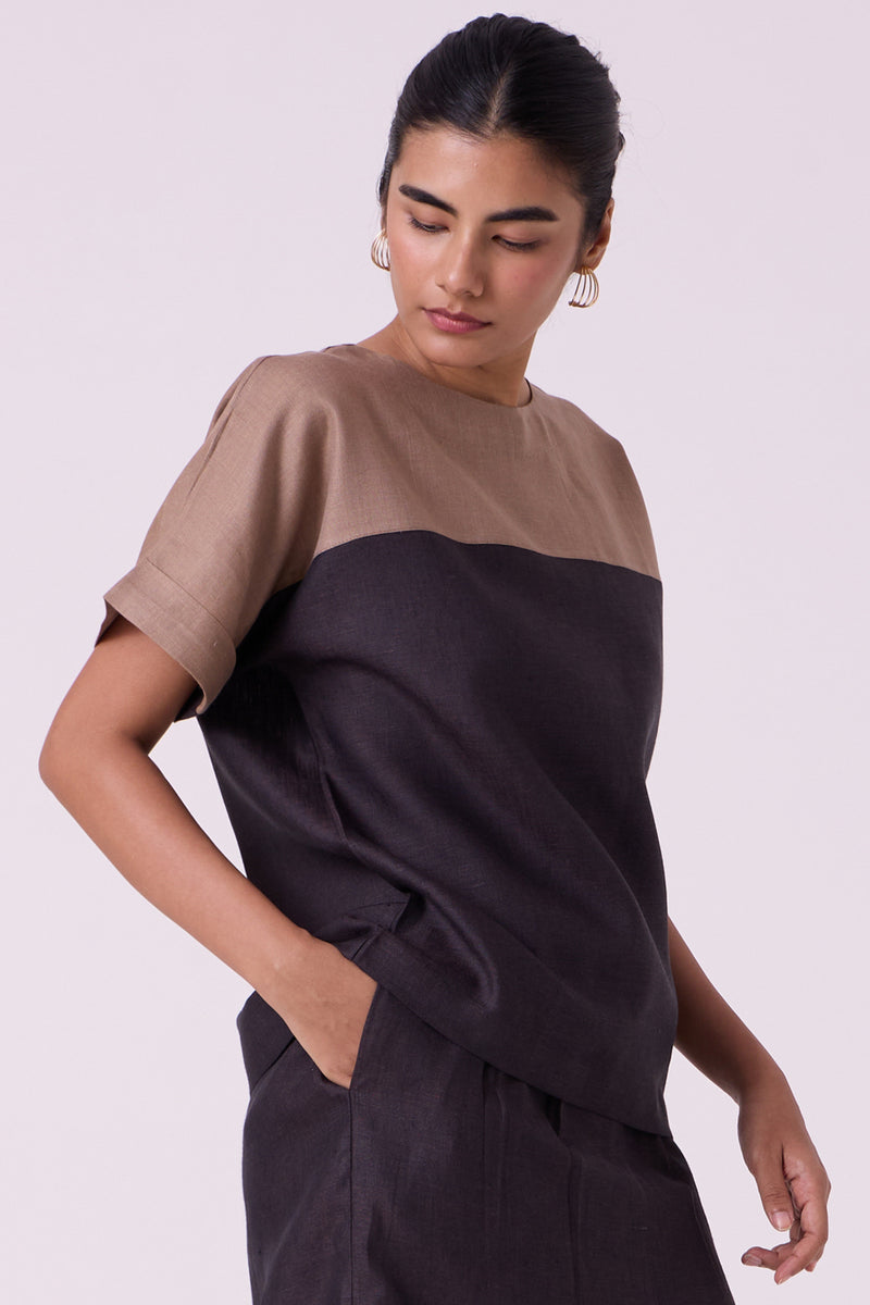 Jiku Charcoal Colourblocked Linen Top linen top/shirt by The Summer House in black for women Worldwide