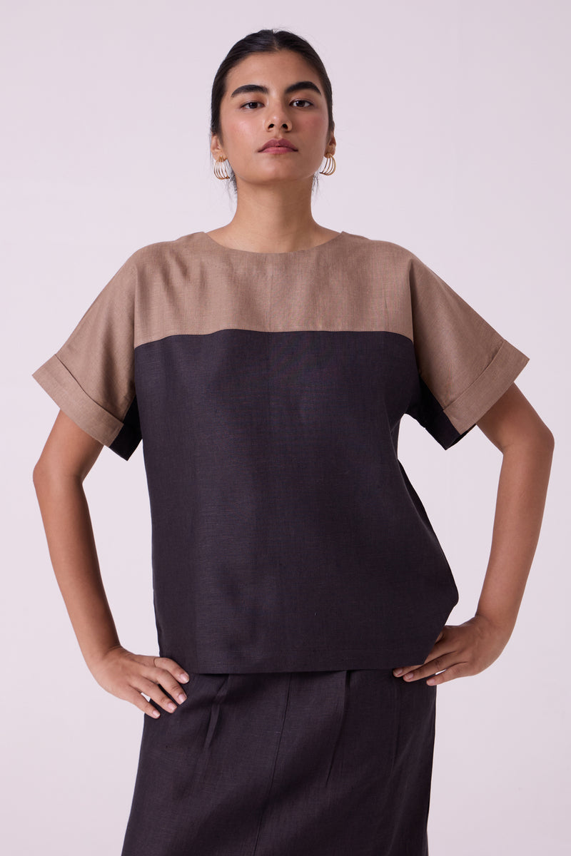 Jiku Charcoal Colourblocked Linen Top linen top/shirt by The Summer House in black for women Worldwide