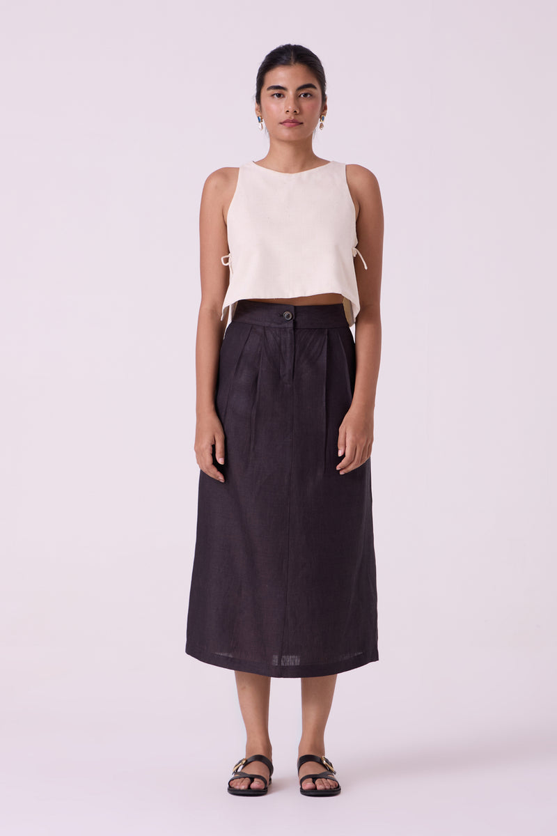 Sandra Charcoal Linen Midi Skirt linen skirt by The Summer House in black for women Worldwide