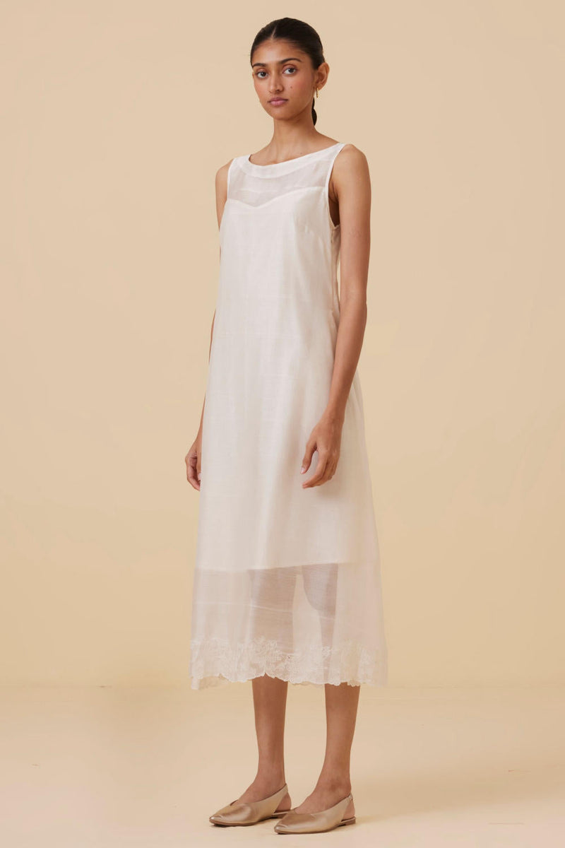 Reyah Handwoven Embroidered Midi Dress chanderi by The Summer House in white color for women Worldwide
