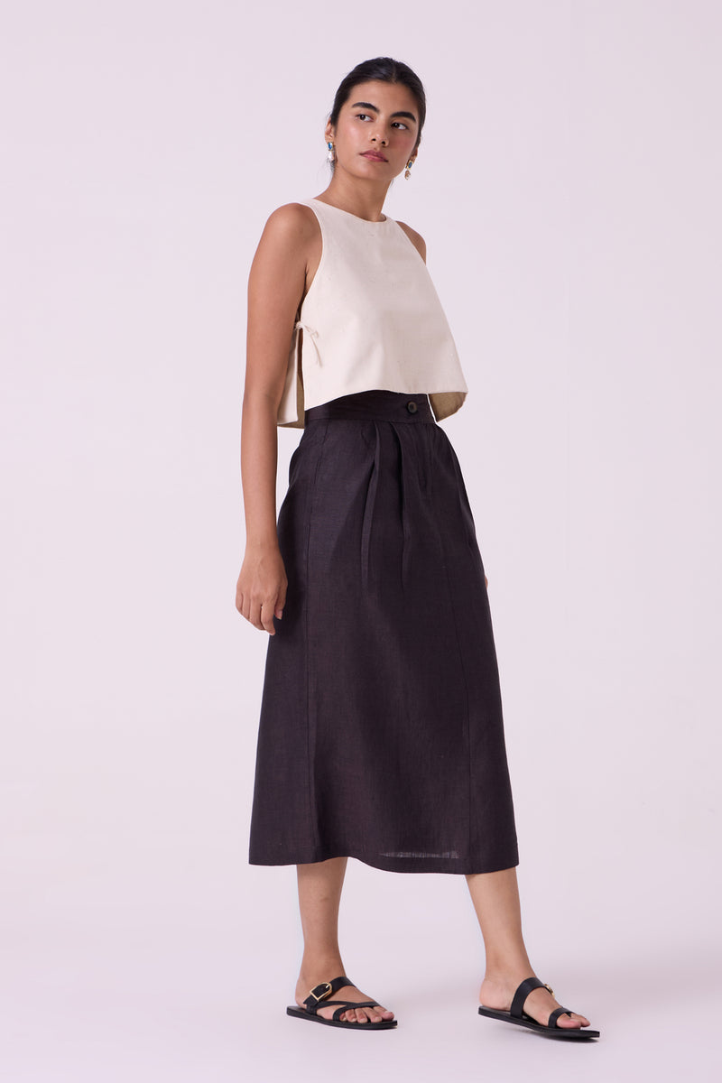 Sandra Charcoal Linen Midi Skirt linen skirt by The Summer House in black for women Worldwide