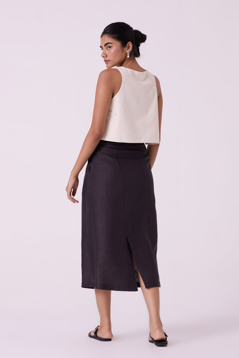 Sandra Charcoal Linen Midi Skirt linen skirt by The Summer House in black for women Worldwide
