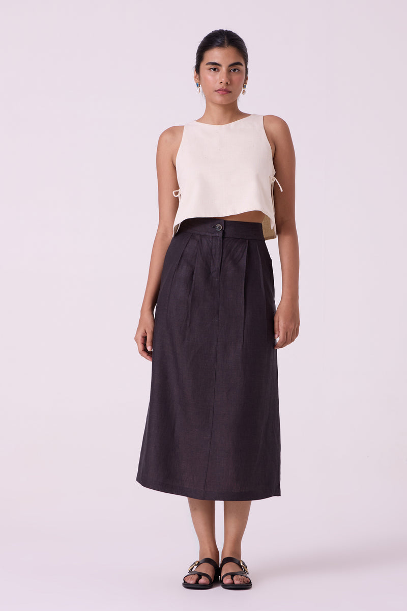 Sandra Charcoal Linen Midi Skirt linen skirt by The Summer House in black for women Worldwide