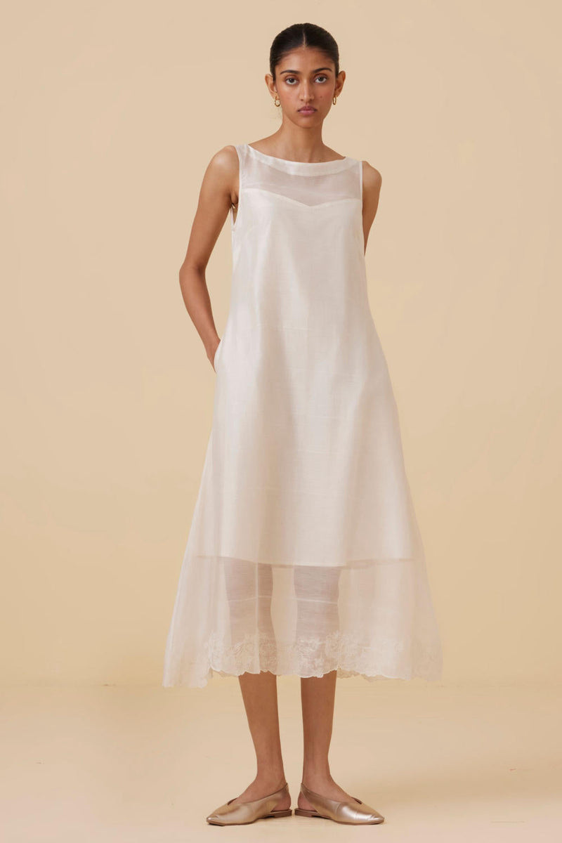 Reyah Handwoven Embroidered Midi Dress chanderi by The Summer House in white color for women Worldwide
