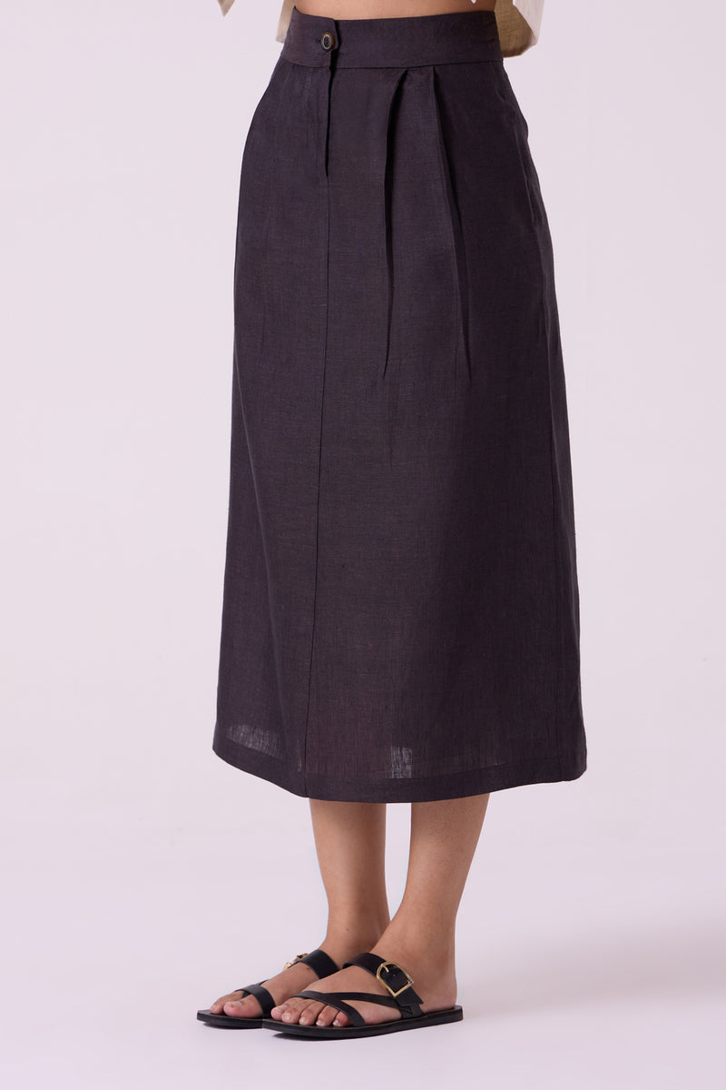 Sandra Charcoal Linen Midi Skirt linen skirt by The Summer House in black for women Worldwide