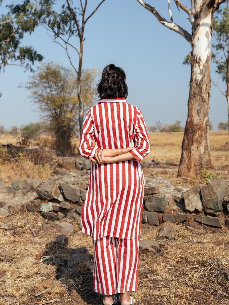 Ajmer Co-Ord Set -Handblock Printed Cotton Co- Ord Set cotton by Marche in red color for women Worldwide
