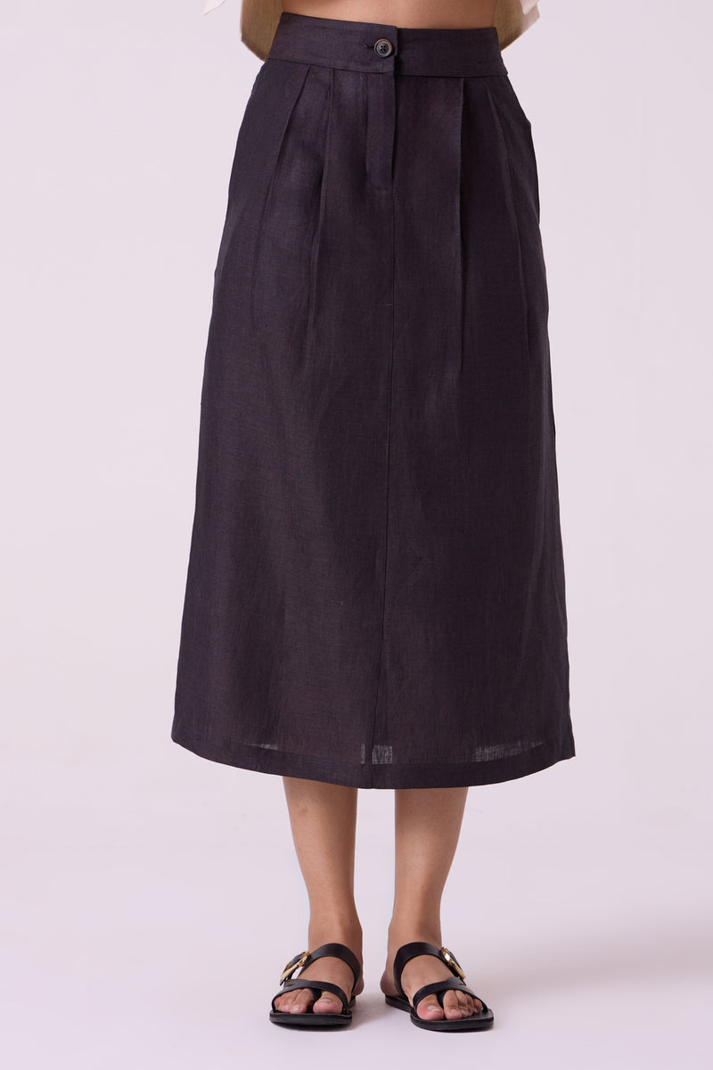 Sandra Charcoal Linen Midi Skirt linen skirt by The Summer House in black for women Worldwide