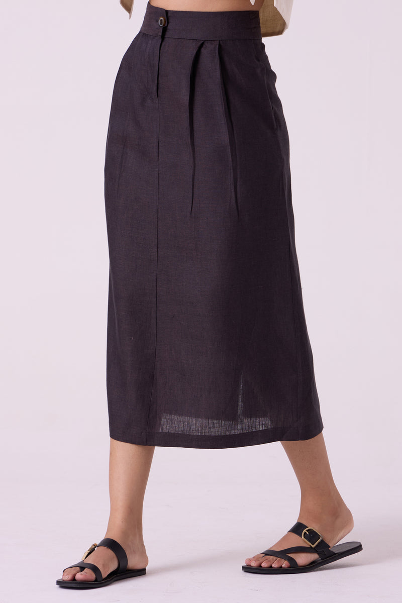 Sandra Charcoal Linen Midi Skirt linen skirt by The Summer House in black for women Worldwide