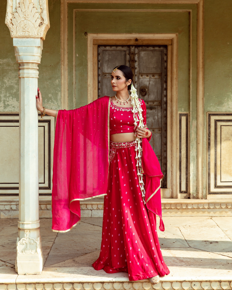 Fuchsia & White Bandhej Print Lehenga Set satin by Maison Shefali in multi color for women Worldwide
