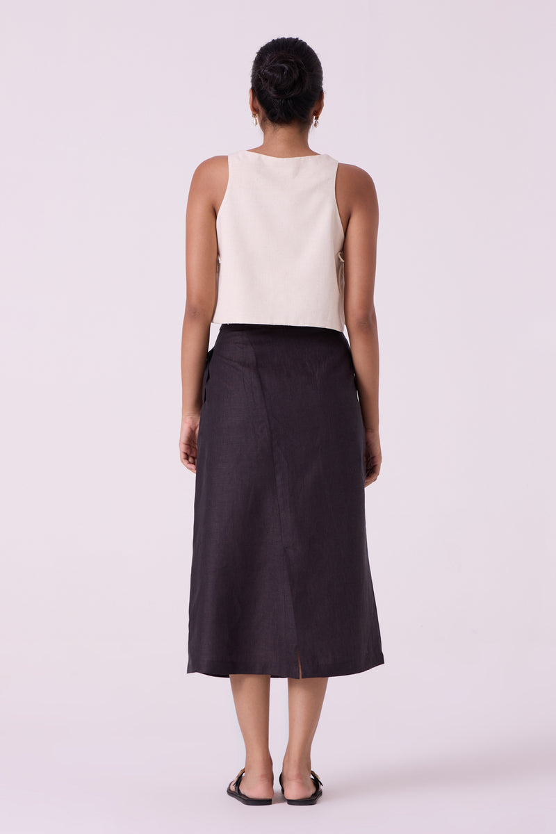 Sandra Charcoal Linen Midi Skirt linen skirt by The Summer House in black for women Worldwide