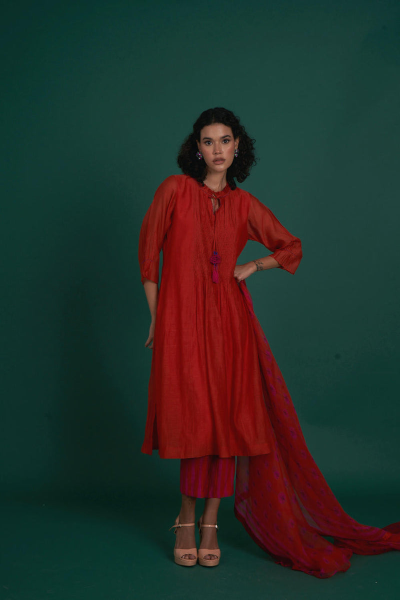 Orina mul cotton silk kurta set - red silk by Priti Prashant in red color for women Worldwide
