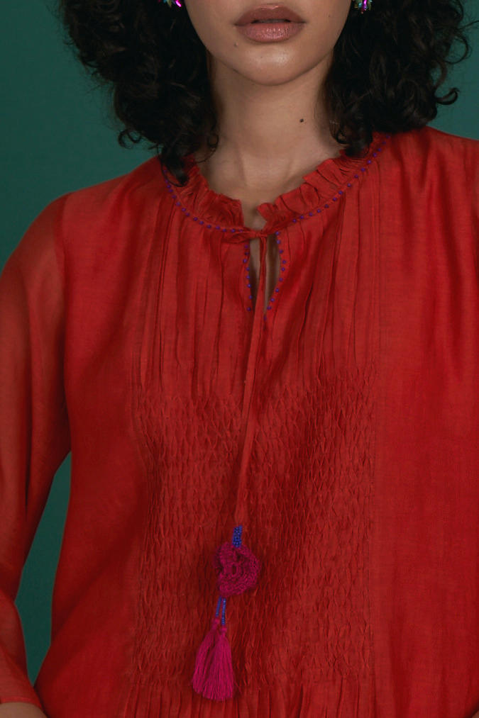 Orina mul cotton silk kurta set - red silk by Priti Prashant in red color for women Worldwide