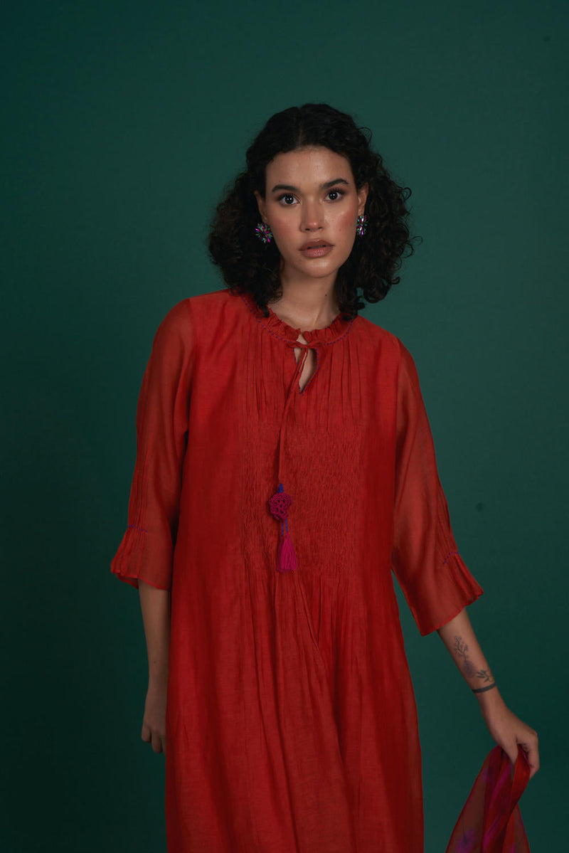 Orina mul cotton silk kurta set - red silk by Priti Prashant in red color for women Worldwide