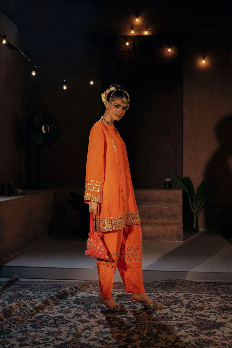 Mangala Phool Salwar Kameez Set- Orange silk by PRAHNAAYA in orange color for women Worldwide