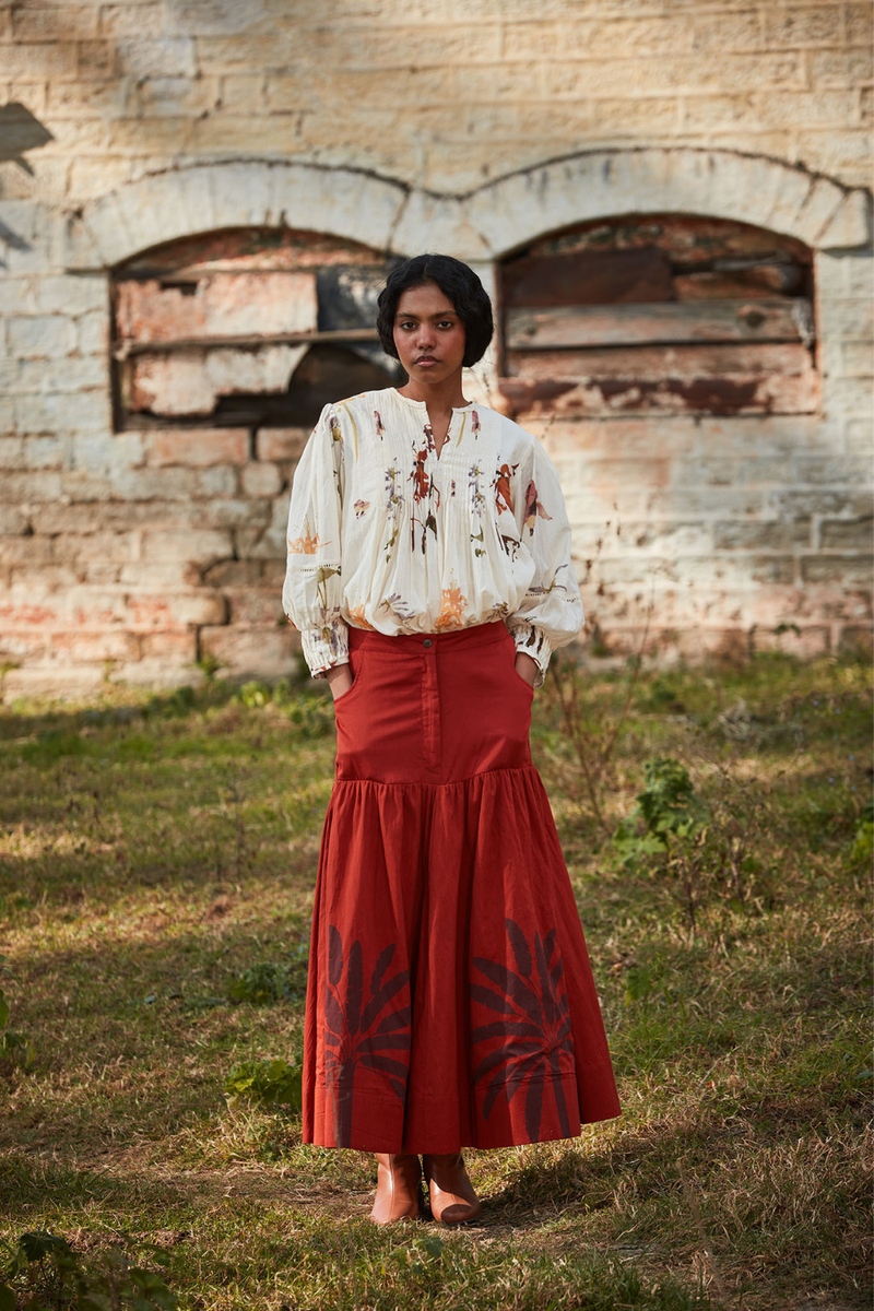 Rustic Reverie Skirt cotton by Khara Kapas in rust for women Worldwide