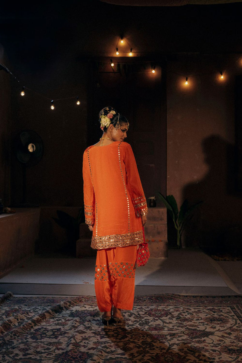 Mangala Phool Salwar Kameez Set- Orange silk by PRAHNAAYA in orange color for women Worldwide