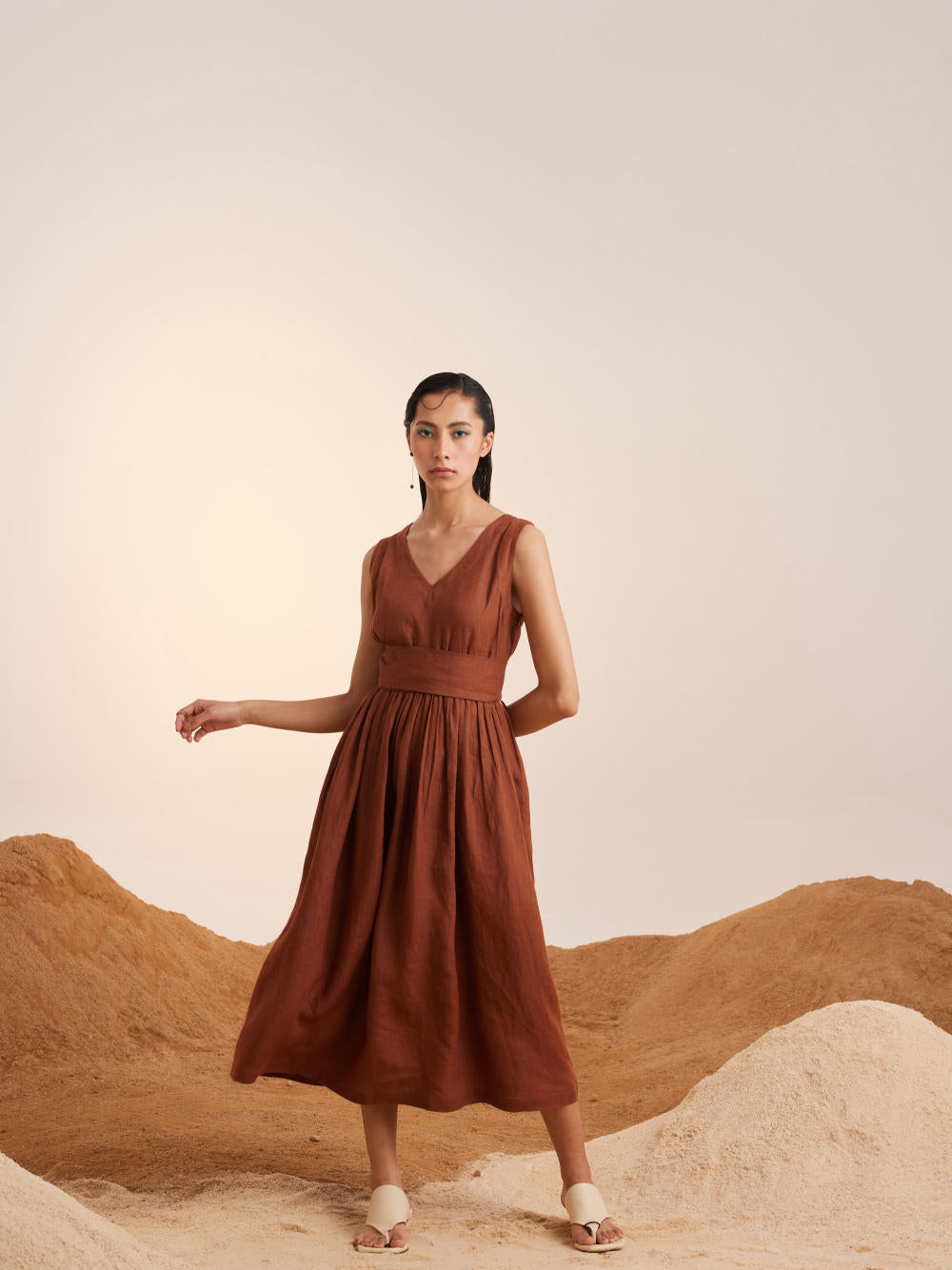 Sleeveless Linen Dress-Rust