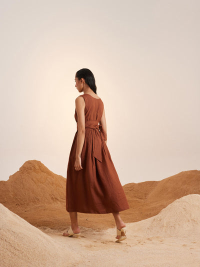 Sleeveless Linen Dress-Rust