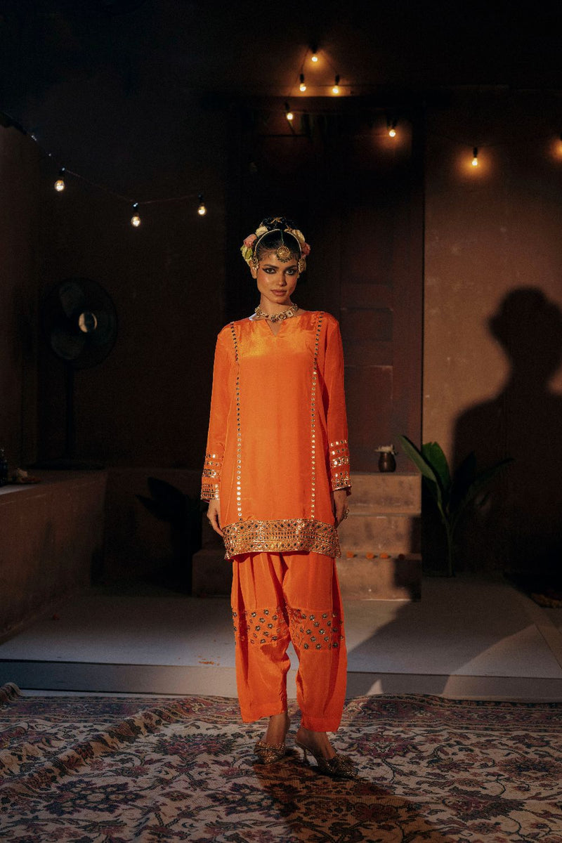 Mangala Phool Salwar Kameez Set- Orange silk by PRAHNAAYA in orange color for women Worldwide
