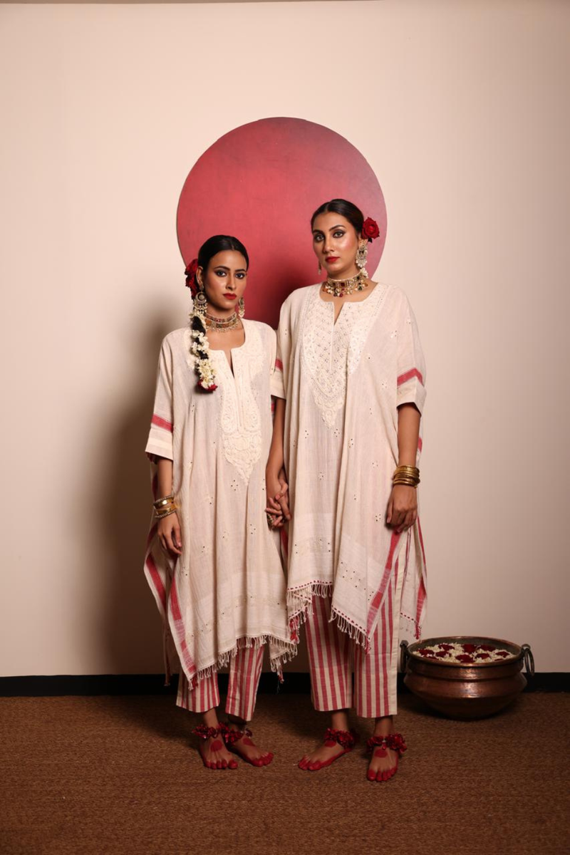 Off-white Organic kurta & Striped Pant-Narrow Embroidered Yoke cotton by Sabo by Sabina for women Worldwide