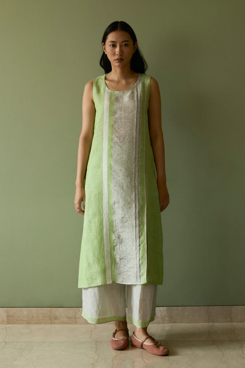 Yara Sleeveless Border Linen Kurta-Meadow linen by Manan in green color for women Worldwide