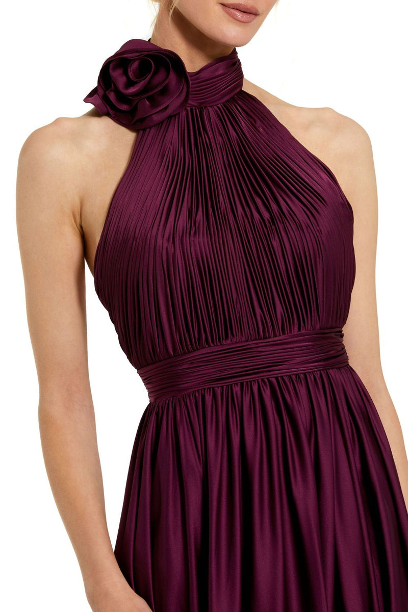 49333-Soft Tie Halter Neck High Slit Gown satin by Mac Duggal in red color for women Worldwide