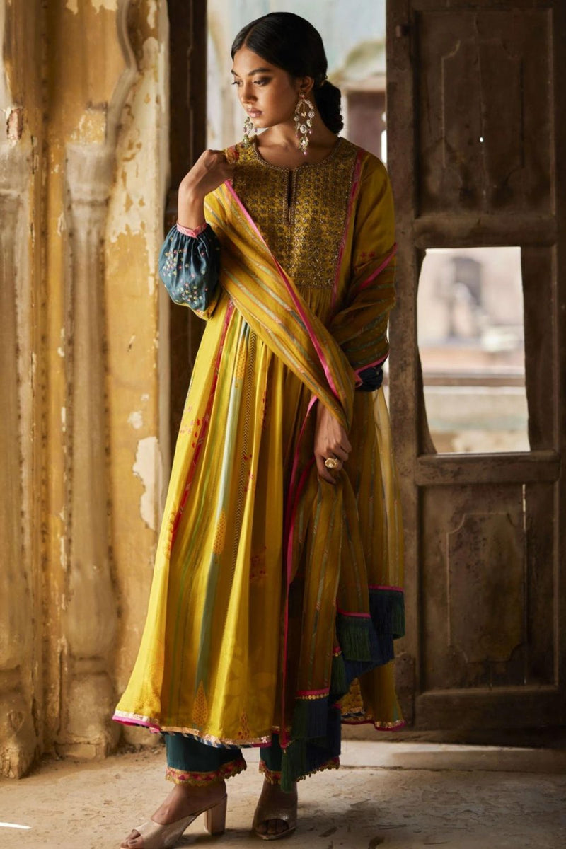 Nadira Lime Yellow Front Puckering Kurta Set silk by Rajiramniq in yellow color for women Worldwide