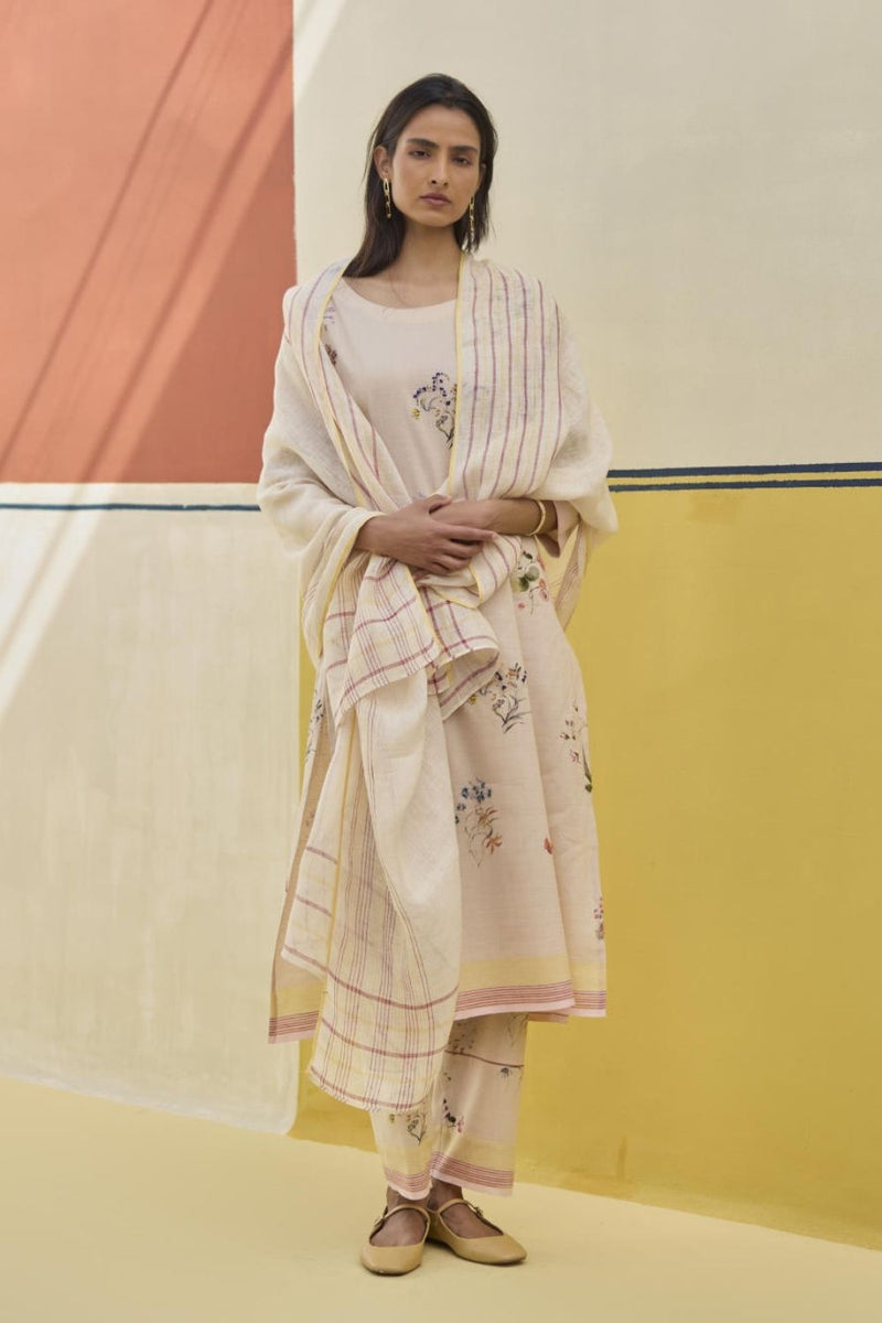 Mana Stripe Handloom Linen Dupatta - Sand by Manan in natural color for women Worldwide
