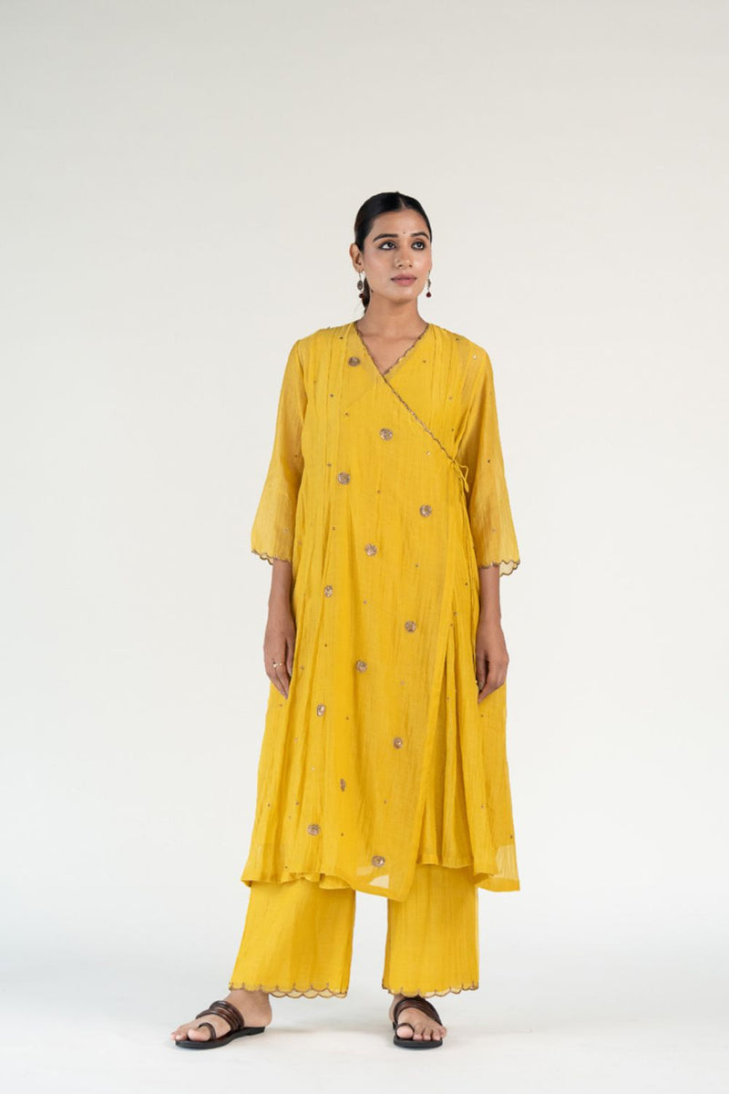 Yellow Angarkha Set-Mustard chanderi by Nirjara in mustard color for women Worldwide
