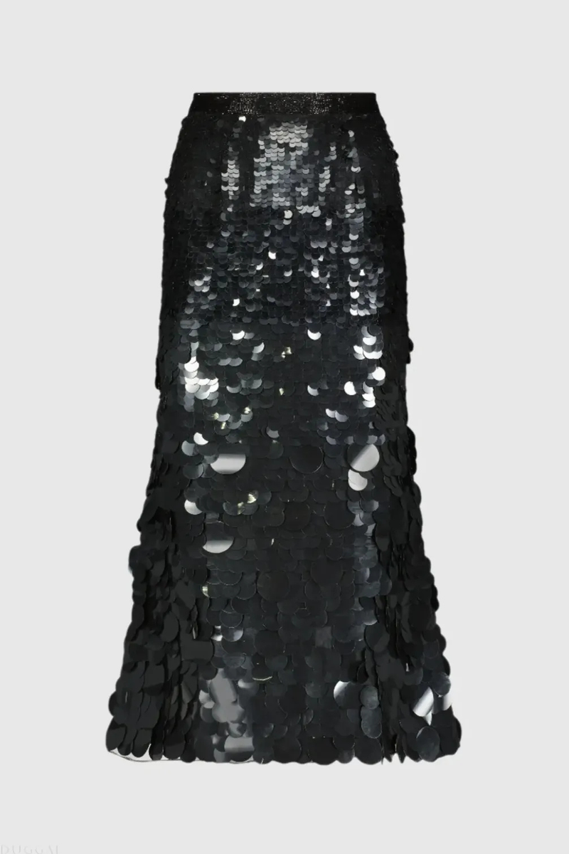 Black Paillette Sequin Midi Skirt by Mac Duggal in black color for women Worldwide