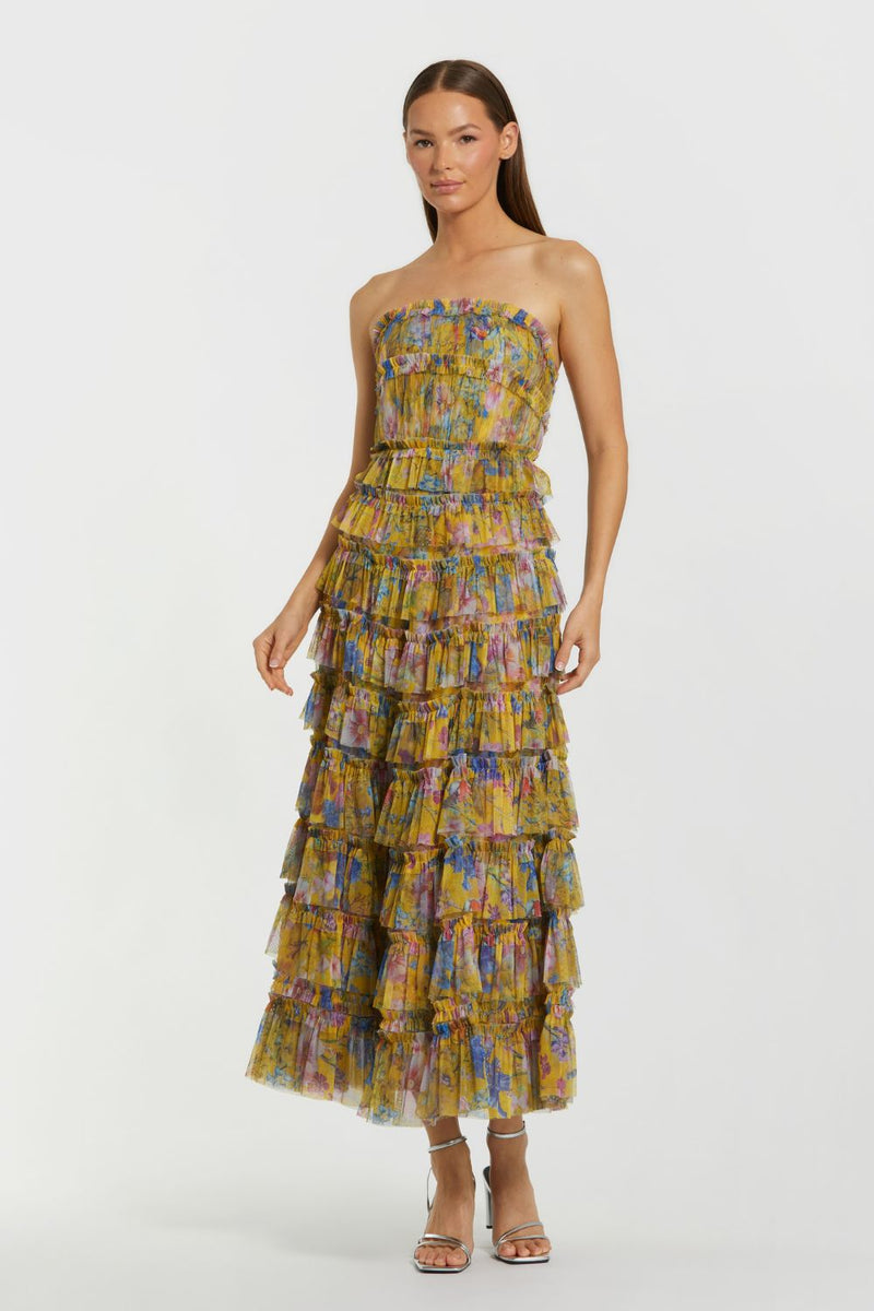 8301-Ruffle Mesh Strapless Midi Dress by Mac Duggal in yellow color for women Worldwide
