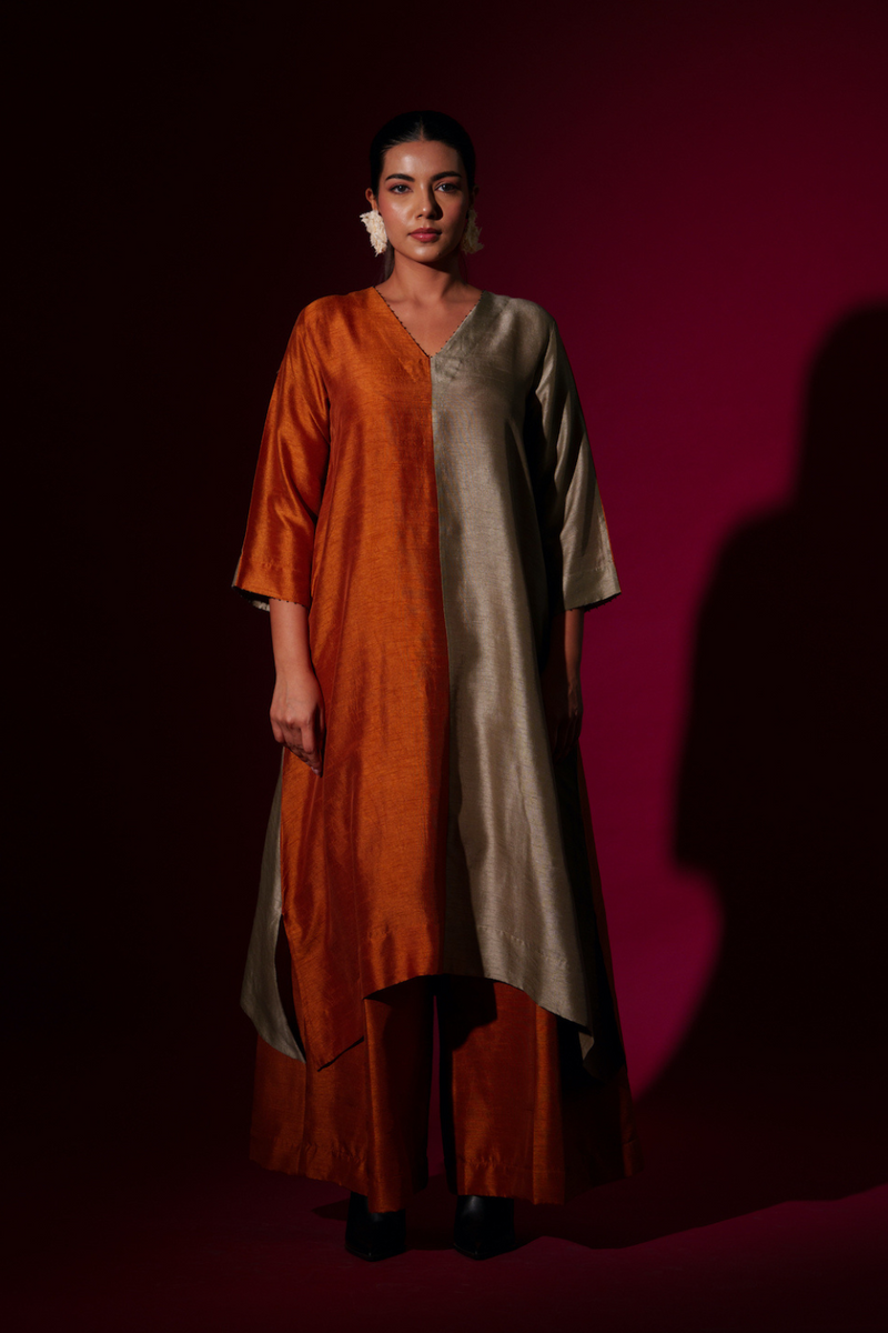 Onyx Tunic-Rust Orange + Grey mysore silk kaftans and tunics by Stoique in rust orange, grey for women Worldwide