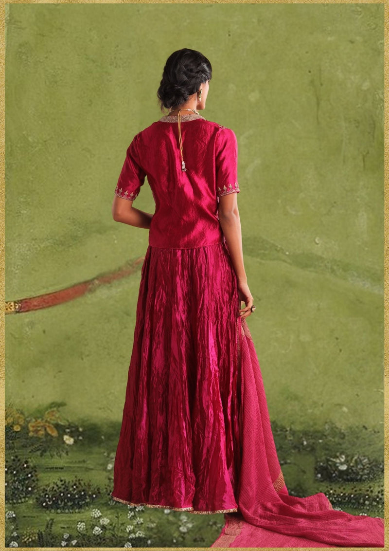 Mulberry Lehenga Choli Dupatta by Myoho in pink color for women Worldwide