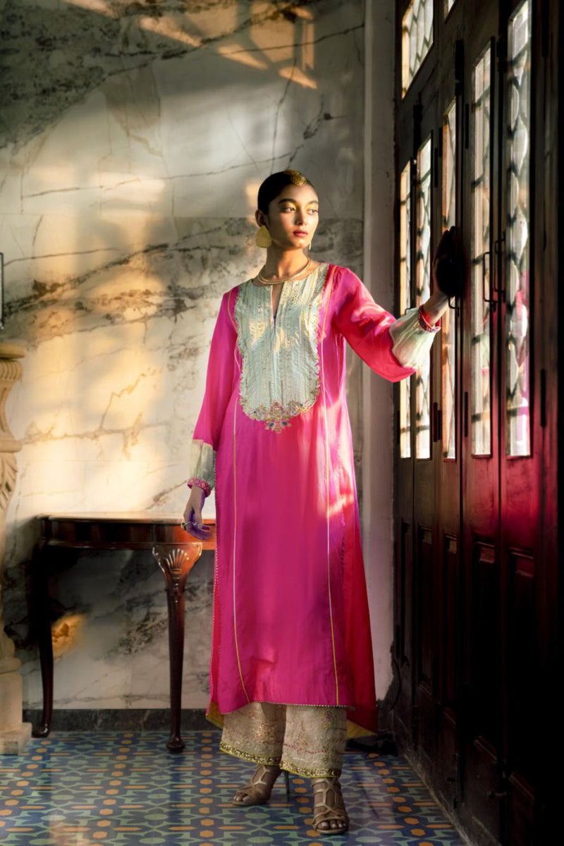 Fariba Hot Pink Silk Back Pleat Yoke Kurta Kurta Sets by Rajiramniq for women Worldwide
